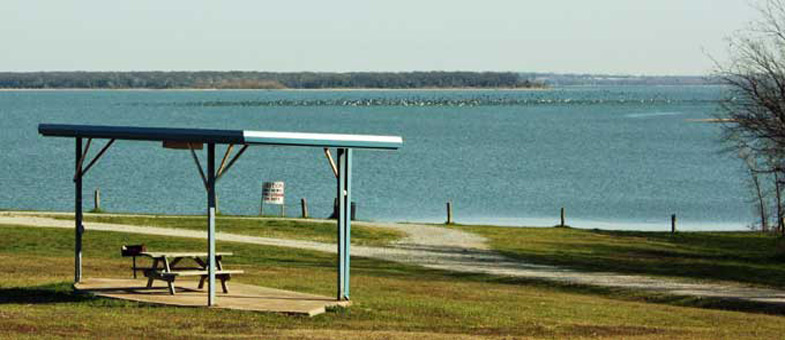 West Tawakoni City Park picnic tables overlooking waterfront